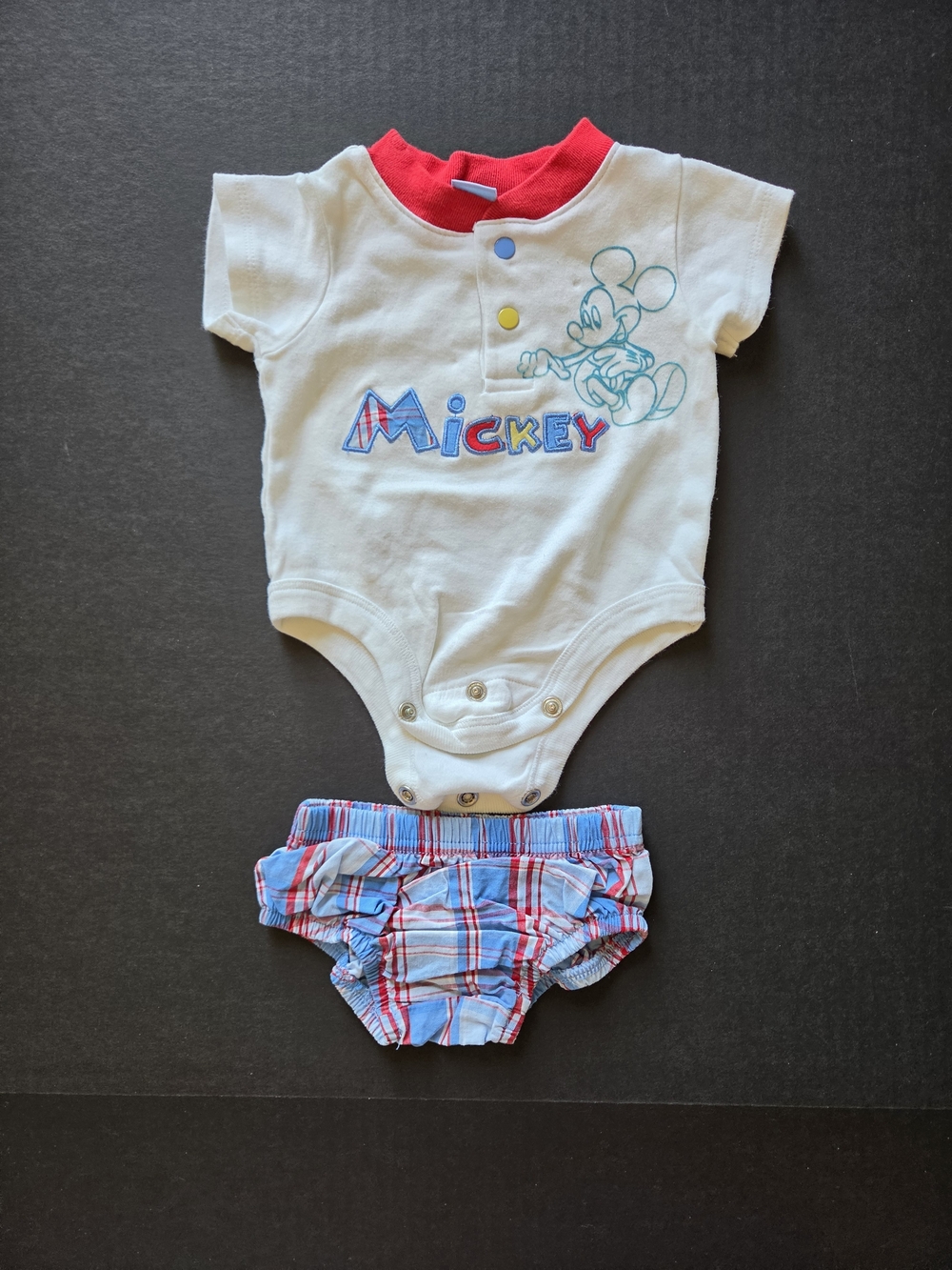Disney White & Red Mickey Infant Bodysuit with Blue Plaid Diaper Cover